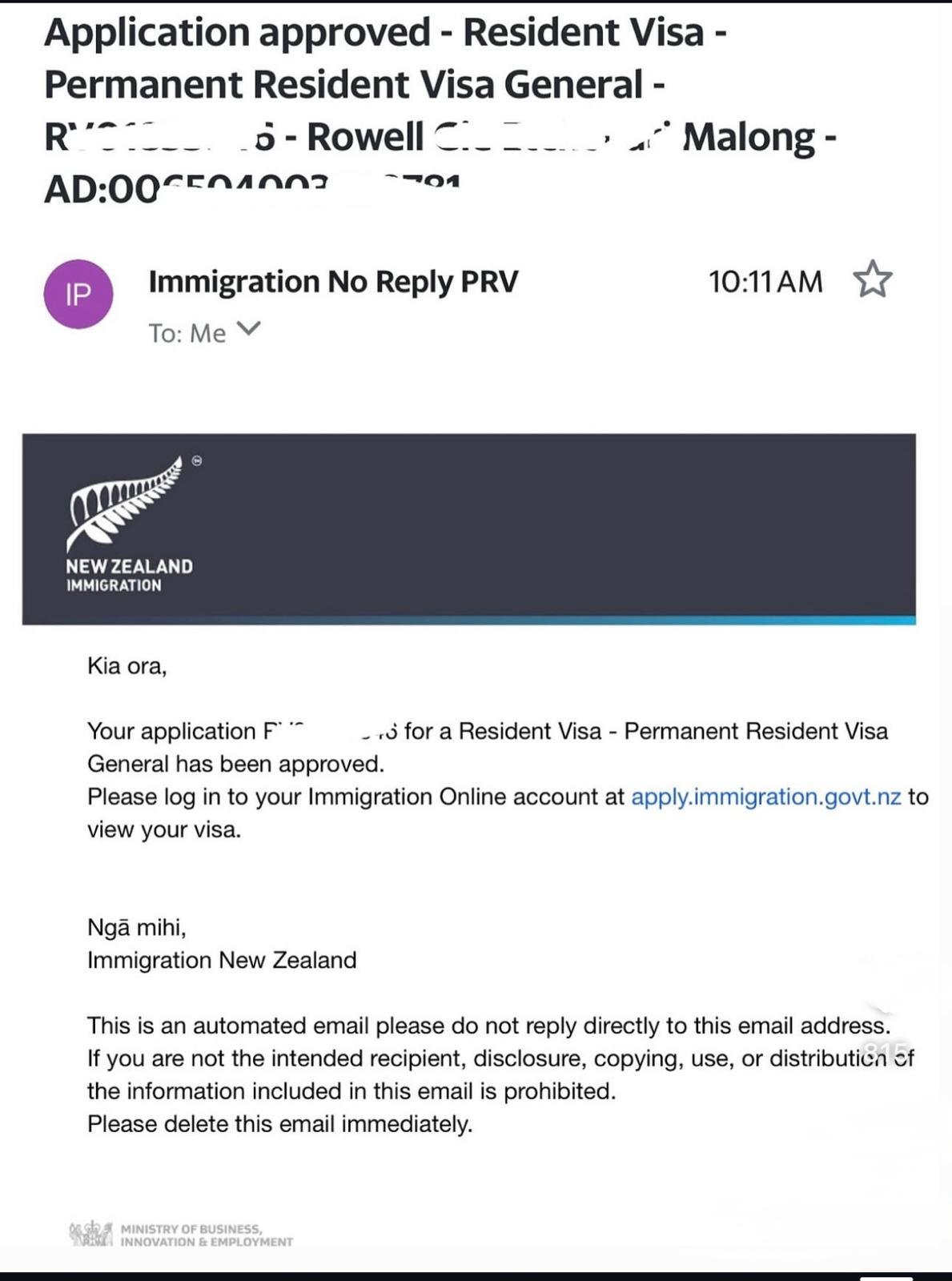 New Zealand PR Email Confirmation
